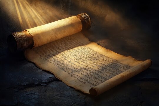 illuminated ancient hebrew scroll unfurling dramatically against dark stone backdrop, rays of divine light highlighting sacred text