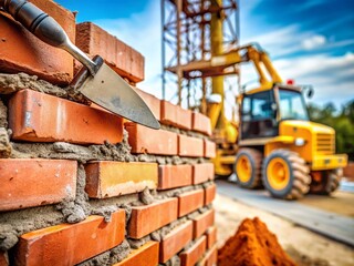 Construction Brick Wall Close Up: Trowel, Brush, Crane, Excavator