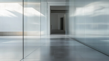 Bright Modern Hallway Showcasing Sleek Glass Walls and Polished Floors in a Contemporary Architectural Setting