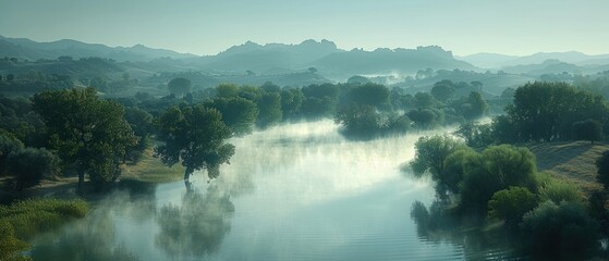 Serene River Mist Shrouding a Lush Green Forest Landscape on a Calm Morning