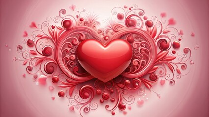 A red heart shape surrounded by swirling patterns of pink and red hues on a soft background , Pink Background, Bouquet