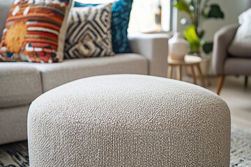 Cozy living room with textured ottoman, colorful cushions, and greenery, creating a welcoming atmosphere
