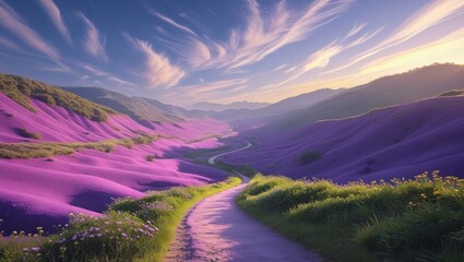 Rows of lavender in blossom under blue sky, with mountains range in the background
