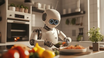A white robot with glowing blue eyes is preparing food in a kitchen setting