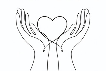 Continuous Line Art Hands Holding Heart: Charity Donation Symbol