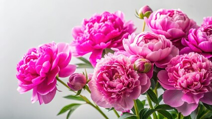 Fototapeta premium Vibrant pink peonies in full bloom against a soft white background, pink flowers