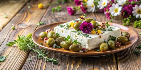 Feta cheese plate on wooden table with fresh thyme and green olives, edible flowers, food styling