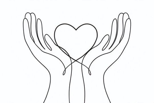 Continuous Line Art Hands Holding Heart: Charity Donation Symbol
