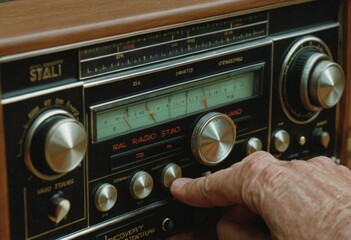 Fototapeta premium A close-up of a vintage radio, featuring intricate knobs and dials, conveying a sense of nostalgia and warmth, ideal for retro-themed projects and music history. 