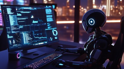 Obraz premium Futuristic AI robot drone working on a computer in a modern startup environment, advanced technology concept, artificial intelligence in business, high-tech workspace, innovation and productivity.