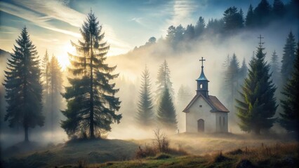 Ancient church with holy cross standing alone in the misty fog, surrounded by tall trees and a serene atmosphere