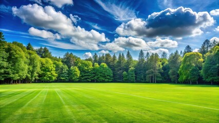 A lush green grassy football field surrounded by tall trees and a clear blue sky with white fluffy clouds, grassy field, sunny day