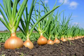 Obraz premium Fresh Golden Onions Growing on onion farm in neat rows. Sunny Field. Onion plants in nutrient rich ground, healthy soil. Blue sky. Allium. Agricultural life. Organic food in the garden. Fertilizer