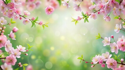 Colorful abstract spring border background with delicate pink blossoms and soft green foliage in a modern floral design style