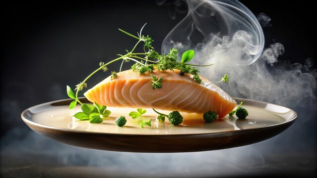 Smoked salmon fillet cooked with a rich and creamy sauce made from sous vide eggs, gelatinized whey, and micro-greens, suspended in mid-air using a centrifuge, fine dining, smoked salmon