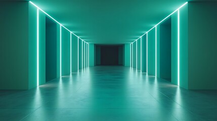 Fototapeta premium Teal Corridor With Neon Lights And Doors