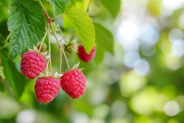 Fresh juicy raspberries hanging on a green bush. Cluster of big ripe red raspberry berries on a blurred lush leaves. Abundance. Warm sunlight. Close-up of Ripening Organic Raspberries growing on Vine