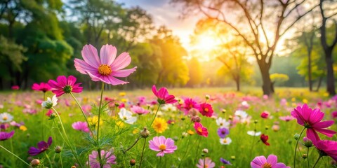 Obraz premium fields of vibrant cosmos flowers swaying gently in the breeze amidst a blanket of soft green grass and warm sunlight filter through leaves on trees, nature photography, garden landscape