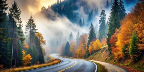 A winding mountain road with a misty autumnal atmosphere and tall trees along the side of the road leading into the fog