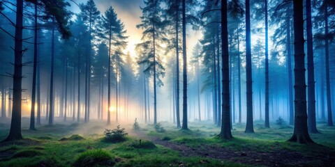 Obraz premium Desolate forest landscape at dusk with tall trees and a misty atmosphere, woods, landscape, woods, landscape, solitude