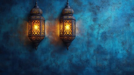 Ornate Metal Lanterns with Warm Light on Blue Textured Background