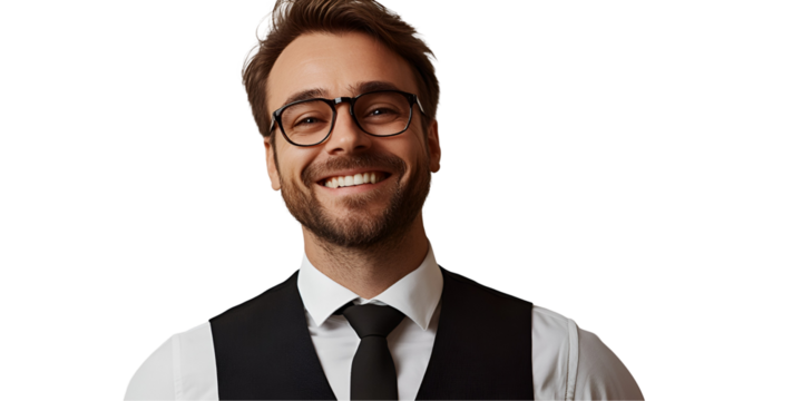 Confident and Professional: A man in a crisp white shirt and black waistcoat, with a warm smile and bright eyes behind stylish spectacles, exudes confidence and professionalism.