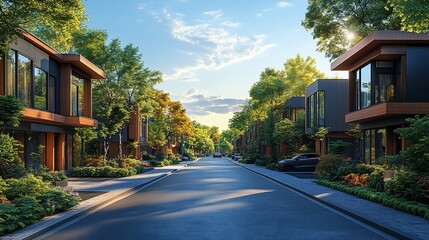 Obraz premium Modern houses on tree-lined street at sunset.