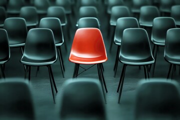 Naklejka premium A Single Red Chair Stands Out Amongst Rows of Black Chairs in a Minimalist Setting, Emphasizing Individuality and Isolation in Modern Design