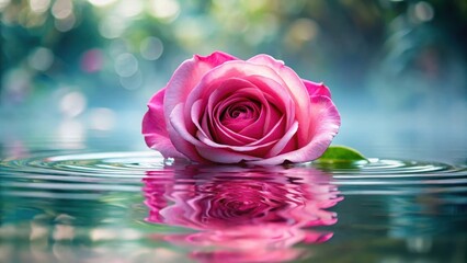A bright pink rose blooming in a shallow pool of water, its delicate petals reflected perfectly on the surface, creating a beautiful and serene scene , serenity, reflection