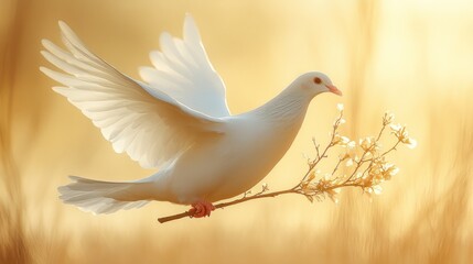 Obraz premium White dove, wings spread, branch, blossoms, golden light.