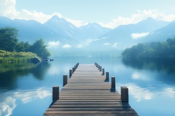Fototapeta premium Serene Wooden Dock Overlooking Tranquil Lake with Misty Mountains in the Background on a Clear Day