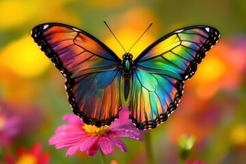 Fototapeta premium iridescent butterfly perched on vibrant wildflowers, morning dew drops, soft bokeh, ethereal lighting, prismatic wings catching sunlight