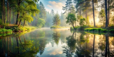 Obraz premium Misty forest pond scene with serene water reflections, forest pond, woodland