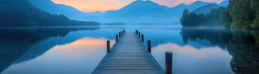 Serene Wooden Pier Overlooking Misty Lake and Mountains at Dawn with Vibrant Sky Reflections