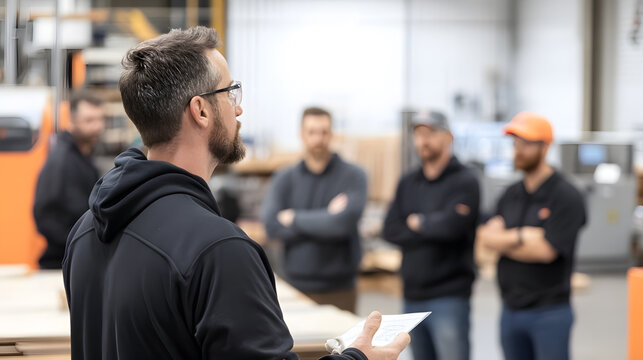 A group of male factory operators engaged in a training session in a modern industrial workshop. The instructor is explaining a technical diagram, while the participants listen attentively.
