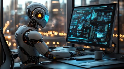 Futuristic robot analyzing data on high-tech computer in modern office setting