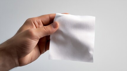 A Hand Holding a Single White Cleansing Wipe Against a Neutral Background