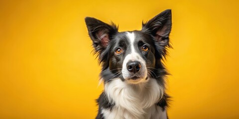 Sitting Border Collie with its ears perked up, looking alert and attentive