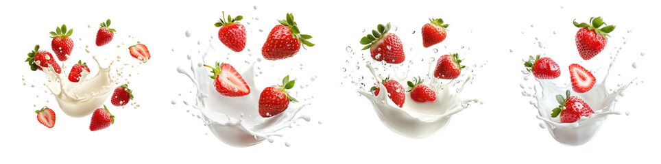Milk and strawberry flying through the air, isolated on a white background. Mix Collection Png.