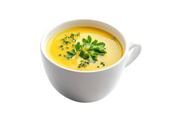 Creamy pumpkin soup garnished with fresh parsley in a white bowl isolated on white or transparent, PNG