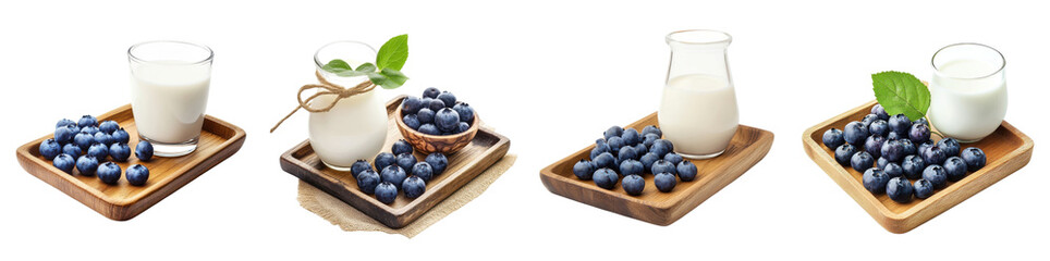 Milk and blueberries on a wooden tray, isolated on a white background. Mix Collection Png.