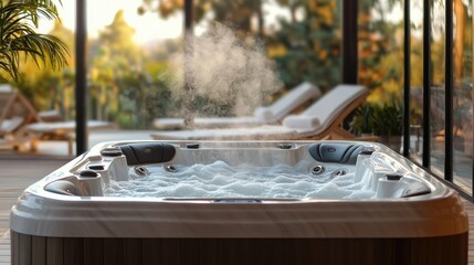 Luxurious outdoor hot tub with steam on sunlit deck in tranquil garden setting