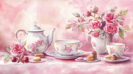 Fototapeta premium Watercolor illustration of British afternoon tea,tea break in the English style,tea set with Afternoon tea stand with macaroons and scone,cake,cup of tea,Tea time dessert table,vintage style.