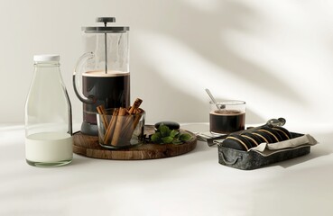 Glass cup of black coffee, macaron sweet dessert, milk bottle on table counter in dappled sunlight for luxury afternoon tea, product background 3D