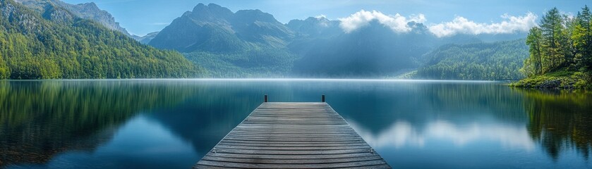 Naklejka premium Serene Mountain Lake with Wooden Pier and Misty Morning Reflections in Tranquil Nature Landscape