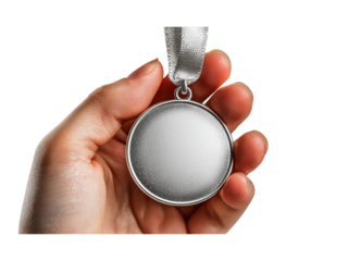 Hand Holding a Blank Silver Medal with Ribbon