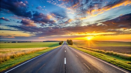 Naklejka premium A serene dawn scene with a vast expanse of rural landscape and asphalt highways stretching into the horizon, peaceful dawn, wide open spaces