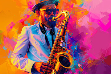 Fototapeta premium Saxophone Rhapsody: A vibrant and expressive portrait of a stylish musician playing the saxophone against a backdrop of bold, colorful brushstrokes. The image pulsates with energy and rhythm. 