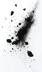 Black debris, dust, and fragments exploding on white background, ideal for destruction or decay concepts