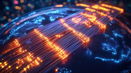 Obraz premium Vibrant global network concept with glowing fiber optic cables on earth in bokeh background